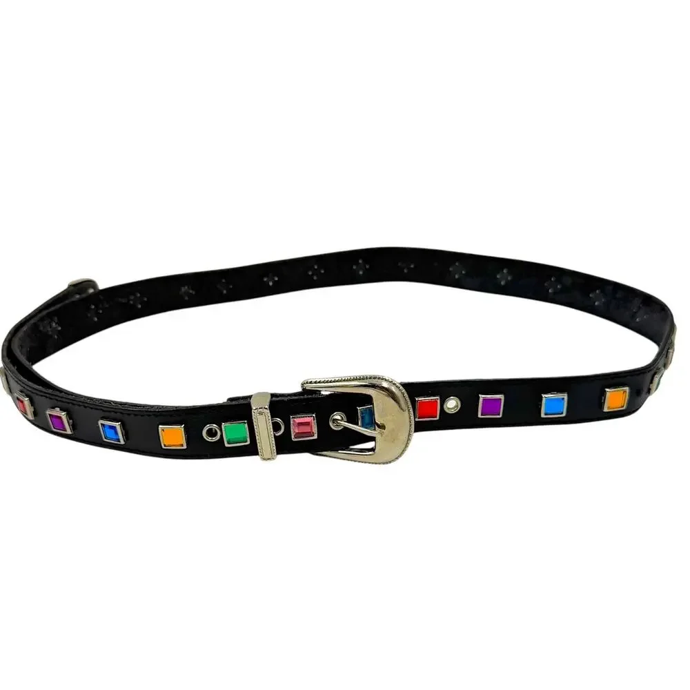 Vintage Nocona Rainbow Rhinestone Belt Women Black Leather Western Ranger Y2K ML